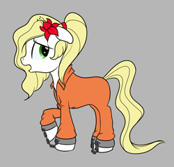 Size: 2206x2122 | Tagged: safe, artist:trash anon, imported from ponybooru, oc, oc only, oc:epithumia, earth pony, pony, clothes, cuffed, cuffs, earth pony oc, female, floppy ears, flower, flower in hair, long tail, looking at you, mare, one hoof raised, open mouth, ponytail, prison outfit, prisoner, profile view, shackles, side view, simple background, solo