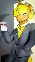 Size: 720x1280 | Tagged: safe, artist:barnnest, imported from ponybooru, oc, oc only, oc:acres, earth pony, pony, acres avatar, bipedal, bipedal leaning, blonde, blonde mane, blonde tail, bowtie, brown coat, classy, clothes, coat markings, earth pony oc, glass, hoof hold, leaning, looking at you, male, socks (coat marking), solo, tuxedo, wine glass