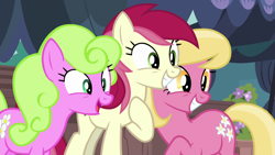 Size: 1280x720 | Tagged: safe, imported from derpibooru, screencap, daisy, flower wishes, lily, lily valley, roseluck, earth pony, pony, it isn't the mane thing about you, season 7, excited, female, flower trio, hoof on chest, implied rarity, mare, open mouth, smiling, trio, trio female