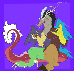 Size: 720x692 | Tagged: safe, imported from derpibooru, discord, draconequus, antlers, claws, fangs, horns, purple background, signature, simple background, sitting, solo, tail, wings