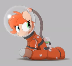 Size: 2649x2444 | Tagged: safe, artist:mochi_nation, imported from derpibooru, oc, oc only, oc:rusty gears, earth pony, pony, female, freckles, gray background, heterochromia, high res, mare, simple background, sitting, solo, space helmet, spacesuit