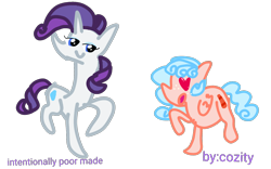 Size: 1280x800 | Tagged: safe, artist:cozity, imported from derpibooru, imported from ponybooru, cozy glow, rarity, pegasus, pony, unicorn, 1000 hours in ms paint, :o, age difference, chubby, cozity, duo, duo female, eyeshadow, female, filly, foal, folded wings, freckles, grammar error, heart eyes, looking at each other, looking at someone, makeup, mare, missing accessory, open mouth, quality, raised hoof, rarara, raricozy, simple background, smiling, standing on two hooves, stylistic suck, text, transparent background, wingding eyes, wings