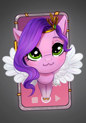 Size: 1748x2480 | Tagged: safe, artist:lailyren, imported from derpibooru, pipp petals, pegasus, pony, :3, adorapipp, breaking the fourth wall, cute, feathered wings, female, g5, gradient background, gray background, looking at you, mare, phone, signature, simple background, spread wings, wings