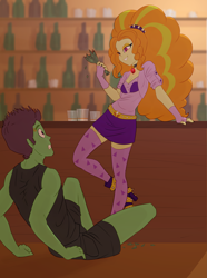 Size: 5233x7030 | Tagged: safe, artist:carnifex, imported from derpibooru, adagio dazzle, oc, oc:protein shake, comic:we will be adored, equestria girls, alternate clothes, bar, clothes, disguise, disguised siren, gem, imminent violence, looking at each other, looking at someone, siren gem, skirt, threatening