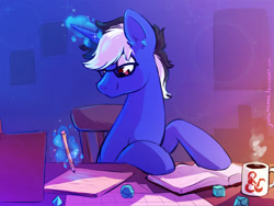 Size: 1024x768 | Tagged: safe, artist:joellethenose, imported from derpibooru, oc, oc only, pony, unicorn, book, chair, dice, glasses, indoors, magic, male, mug, pencil, signature, sitting, solo, stallion, telekinesis