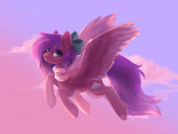 Size: 1024x768 | Tagged: safe, artist:joellethenose, imported from derpibooru, oc, oc only, pegasus, pony, bow, clothes, cloud, female, flying, hair bow, looking at you, mare, scarf, signature, sky, smiling, solo, spread wings, wings