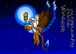 Size: 1024x732 | Tagged: safe, artist:horsesplease, imported from derpibooru, gilda, griffon, angel, colored wings, colored wingtips, conlang, emerald, flying, halo, khopesh, lantern, night, rabydosverse, sarmelon day, sarmelonid, spinel, stars, sword, tail, tail of fire, vozolaz, vozonid, weapon, wings