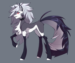 Size: 3013x2545 | Tagged: safe, artist:1an1, imported from derpibooru, demon, demon pony, earth pony, original species, pony, blank flank, chest fluff, collar, crossover, ear fluff, fangs, female, gray background, grey hair, helluva boss, long hair, looking back, loona (helluva boss), mane, pale belly, ponified, raised leg, red sclera, side view, simple background, solo, spiked collar, tail, teeth, white eyes