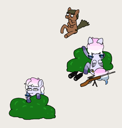 Size: 1900x2000 | Tagged: safe, artist:potatoconnoisseur, derpibooru exclusive, imported from derpibooru, oc, oc only, oc:heavy weather, oc:smelly bigshit, earth pony, pegasus, pony, binoculars, bush, female, gun, hiding, imminent death, looking at someone, male, mare, multiple views, simple background, stallion, thinking, weapon