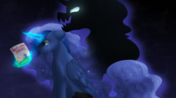 Size: 1024x575 | Tagged: safe, artist:stormcloud-yt, imported from derpibooru, princess luna, pony, shadow pony, crying, ethereal mane, glow, glowing horn, horn, laughing, magic, starry mane, telekinesis