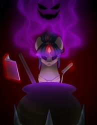 Size: 1950x2510 | Tagged: safe, artist:stormcloud-yt, imported from derpibooru, oc, oc only, pony, unicorn, book, cauldron, corrupted, female, horn, mare, offspring, parent:flash sentry, parent:twilight sparkle, parents:flashlight, unicorn oc