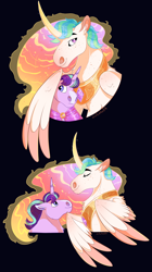 Size: 1500x2671 | Tagged: safe, artist:owlcoholik, imported from derpibooru, princess celestia, starlight glimmer, pony, alternate hairstyle, hug, winghug, wings