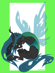 Size: 1500x2000 | Tagged: safe, artist:mechanakal, imported from derpibooru, queen chrysalis, changeling, changeling queen, pony, crown, curled up, female, floating, frown, green background, insect wings, jewelry, lightly watermarked, looking at you, looking sideways, raised leg, regalia, simple background, solo, spread wings, watermark, wings