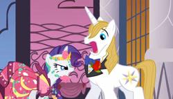 Size: 666x380 | Tagged: safe, imported from derpibooru, screencap, prince blueblood, rarity, pony, unicorn, season 1, the best night ever, angry, bowtie, cake, canterlot, clothes, crown, dress, female, flower, food, gala dress, grand galloping gala, jewelry, male, mare, regalia, rose, shocked, stallion