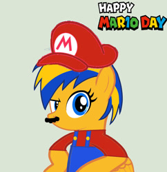 Size: 1280x1321 | Tagged: safe, artist:mlpfan3991, imported from derpibooru, oc, oc:flare spark, pegasus, pony, cap, clothes, cosplay, costume, facial hair, female, hat, mar10 day, mario, mario's hat, moustache, nintendo, overalls, solo, super mario bros.