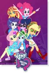 Size: 337x496 | Tagged: safe, imported from derpibooru, applejack, fluttershy, pinkie pie, rainbow dash, rarity, sci-twi, sunset shimmer, twilight sparkle, equestria girls, equestria girls series, sunset's backstage pass!, spoiler:eqg series (season 2), group, humane five, humane seven, humane six, logo, music festival outfit, official, outfit, poster, smiling