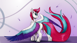 Size: 3840x2160 | Tagged: safe, artist:tenebrisnoctus, imported from derpibooru, zipp storm, pegasus, pony, 4k, abstract background, butt, colored wings, feathered fetlocks, female, g5, high res, large wings, looking at you, looking back, looking back at you, mare, multicolored wings, plot, rear view, smiling, smiling at you, solo, wings, zippbutt