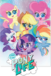 Size: 336x496 | Tagged: safe, imported from derpibooru, applejack, fluttershy, pinkie pie, rainbow dash, rarity, twilight sparkle, alicorn, earth pony, pegasus, pony, unicorn, my little pony: pony life, g4.5, group, logo, mane six, official, poster, twilight sparkle (alicorn)