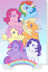 Size: 335x496 | Tagged: safe, imported from derpibooru, applejack, fluttershy, pinkie pie, rainbow dash, rarity, twilight sparkle, alicorn, earth pony, pegasus, pony, unicorn, 80s, g1, g4, g4 to g1, generation leap, group, logo, mane six, mane six opening poses, official, poster, twilight sparkle (alicorn)