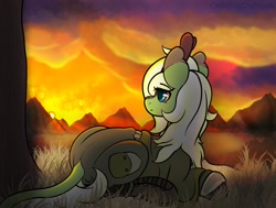 Size: 1326x1000 | Tagged: safe, artist:orbitingdamoon, imported from derpibooru, oc, oc only, kirin, clothes, kirin oc, mountain, peaceful, sunset