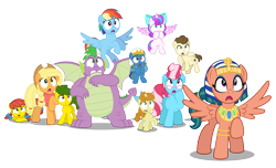 Size: 5804x3524 | Tagged: safe, artist:aleximusprime, imported from derpibooru, applejack, cup cake, pound cake, princess flurry heart, pumpkin cake, rainbow dash, somnambula, sphinx (character), spike, oc, oc:annie smith, oc:apple chip, oc:storm streak, sphinx, fanfic:let my ponies go, flurry heart's story, alternate hairstyle, anatankha, apple twins, bandana, clothes, covering mouth, egyptian, egyptian headdress, egyptian pony, female, filly, filly flurry heart, glasses, horrified, let my ponies go, male, new hairstyle, offspring, older, older applejack, older flurry heart, older pound cake, older pumpkin cake, older rainbow dash, older spike, parent:applejack, parent:oc:thunderhead, parent:rainbow dash, parent:tex, parents:canon x oc, parents:texjack, reaction, scared, scarf, shocked, shocked expression, shocked eyes, simple background, spread wings, transparent background, wings