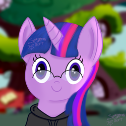 Size: 1000x1000 | Tagged: safe, artist:ideletedsystem64, imported from derpibooru, twilight sparkle, oc, pegasus, blurry background, clothes, cute, eyelashes, glasses, golden oaks library, hoodie, horn, library, looking at you, pegasus oc, purple eyes, smiling, smiling at you, solo, tree