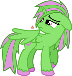 Size: 1024x1082 | Tagged: safe, artist:meteor-spark, imported from derpibooru, oc, oc only, oc:moonstar, alicorn, alicorn oc, green, green mane, horn, looking back, pink mane, sad, simple background, solo, striped mane, striped tail, tail, transparent background, two toned mane, two toned tail, unshorn fetlocks, watermark, wings