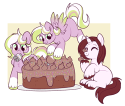 Size: 986x837 | Tagged: safe, artist:lulubell, imported from derpibooru, oc, oc only, oc:lisa, oc:sorbet, oc:yogurt, pegasus, unicorn, cake, decorating, female, filly, foal, food, frosting, simple background, sprinkles, white background