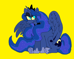 Size: 570x455 | Tagged: safe, artist:obscureterror, imported from derpibooru, princess luna, alicorn, evil grin, eyeshadow, female, grin, looking back, makeup, mare, simple background, sitting, smiling, solo, yellow background