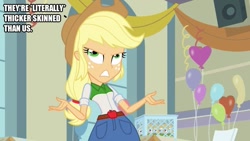 Size: 889x500 | Tagged: safe, artist:thor-disciple, edit, edited screencap, imported from derpibooru, screencap, applejack, equestria girls, equestria girls (movie), caption, image macro, racism, solo, text