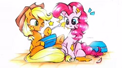 Size: 3852x2167 | Tagged: safe, artist:liaaqila, imported from derpibooru, applejack, pinkie pie, earth pony, pony, apple, applepie, baking, batter, bowl, commission, duo, emanata, female, food, lesbian, shipping, simple background, traditional art, white background