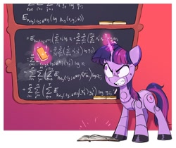 Size: 1200x1007 | Tagged: safe, artist:fanzeem, imported from derpibooru, part of a set, twilight sparkle, pony, robot, robot pony, unicorn, angry, book, chalk, chalkboard, crunch, female, fifteen.ai, math, roboticization, solo, twibot, unicorn twilight