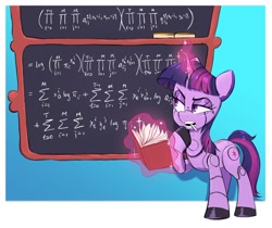 Size: 1200x1007 | Tagged: safe, artist:fanzeem, imported from derpibooru, part of a set, twilight sparkle, pony, robot, robot pony, unicorn, book, chalkboard, female, fifteen.ai, math, roboticization, solo, thinking, twibot, unicorn twilight