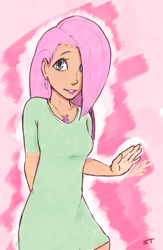Size: 660x1015 | Tagged: safe, artist:storyteller, imported from derpibooru, fluttershy, human, ear piercing, earring, humanized, jewelry, looking at you, necklace, piercing, smiling, wave