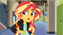 Size: 3410x1920 | Tagged: safe, imported from derpibooru, screencap, sunset shimmer, equestria girls, friendship games, clothes, female, hallway, high res, jacket, leather, leather jacket, lockers, open mouth, solo