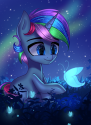 Size: 2800x3840 | Tagged: safe, artist:opal_radiance, imported from derpibooru, oc, oc only, oc:azure star (fauli1221), butterfly, pony, unicorn, commission, cute, glowing, night, solo, ych result