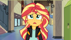 Size: 3410x1920 | Tagged: safe, imported from derpibooru, screencap, sunset shimmer, equestria girls, friendship games, clothes, female, high res, jacket, leather, leather jacket, lockers, open mouth, solo