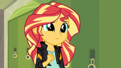 Size: 3410x1920 | Tagged: safe, imported from derpibooru, screencap, sunset shimmer, human, equestria girls, friendship games, canterlot high, clothes, corridor, cute, female, frown, high res, indoors, jacket, leather, leather jacket, lockers, sad, sadorable, shimmerbetes, solo