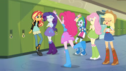 Size: 3410x1920 | Tagged: safe, imported from derpibooru, screencap, applejack, fluttershy, pinkie pie, rainbow dash, rarity, sunset shimmer, human, equestria girls, friendship games, ^^, applejack's hat, belt, belt buckle, boots, bracelet, canterlot high, clothes, cowboy boots, cowboy hat, cute, cutie mark on clothes, denim, denim skirt, eyes closed, female, grin, hairpin, hallway, hat, high heel boots, high res, humane five, jacket, jewelry, leather, leather jacket, lockers, open mouth, open smile, raribetes, shoes, shyabetes, skirt, smiling