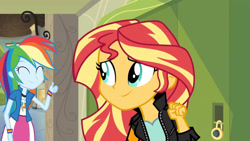 Size: 3410x1920 | Tagged: safe, imported from derpibooru, screencap, rainbow dash, sunset shimmer, human, equestria girls, friendship games, ^^, canterlot high, clothes, cute, cutie mark on clothes, dashabetes, duo, duo female, eyes closed, female, high res, jacket, leather, leather jacket, lockers, smiling, thumbs up