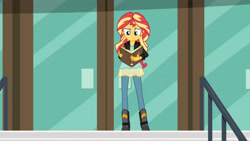 Size: 3410x1920 | Tagged: safe, imported from derpibooru, screencap, sunset shimmer, equestria girls, friendship games, book, boots, canterlot high, clothes, female, high heel boots, high res, jacket, leather, leather jacket, shoes, solo