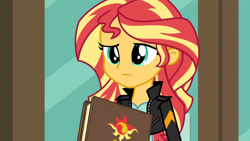 Size: 3410x1920 | Tagged: safe, imported from derpibooru, screencap, sunset shimmer, equestria girls, friendship games, book, canterlot high, clothes, female, high res, jacket, leather, leather jacket, solo