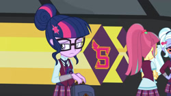 Size: 3410x1920 | Tagged: safe, imported from derpibooru, screencap, sci-twi, sour sweet, sugarcoat, twilight sparkle, equestria girls, friendship games, backpack, female, glasses, high res, magic capture device, offscreen character, solo focus