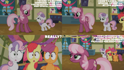 Size: 1280x720 | Tagged: safe, edit, edited screencap, editor:quoterific, imported from derpibooru, screencap, apple bloom, cheerilee, scootaloo, sweetie belle, earth pony, pegasus, pony, unicorn, hearts and hooves day (episode), season 2, adorabloom, apple bloom's bow, bow, chalkboard, cute, cutie mark crusaders, diasweetes, female, filly, floppy ears, foal, hair bow, mare, open mouth, open smile, ponyville schoolhouse, shrunken pupils, smiling, text
