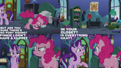 Size: 1280x720 | Tagged: safe, edit, edited screencap, editor:quoterific, imported from derpibooru, screencap, pinkie pie, starlight glimmer, earth pony, pony, unicorn, season 8, the maud couple, spoiler:s08, duo, female, mare, open mouth, open smile, smiling, text