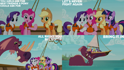 Size: 1280x720 | Tagged: safe, edit, edited screencap, editor:quoterific, imported from derpibooru, screencap, applejack, pinkie pie, rarity, spike, twilight sparkle, alicorn, dragon, earth pony, pony, tri-horned bunyip, unicorn, ppov, season 6, ^^, boat, cute, eyes closed, female, hug, jackabetes, lifejacket, male, mare, open mouth, open smile, raribetes, smiling, spikabetes, text, twiabetes, twilight sparkle (alicorn)