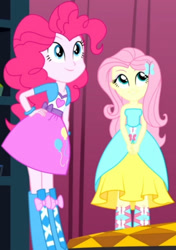 Size: 1920x2730 | Tagged: safe, imported from derpibooru, screencap, fluttershy, pinkie pie, eqg summertime shorts, equestria girls, make up shake up, bare shoulders, clothes, cropped, cutie mark on clothes, duo, duo female, fall formal outfits, female, hairpin, hand on hip, sleeveless, smiling, strapless