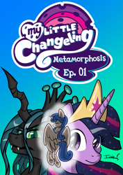 Size: 2481x3508 | Tagged: safe, artist:memprices, imported from derpibooru, queen chrysalis, twilight sparkle, oc, oc:heart love, oc:princess heart love, alicorn, changeling, changeling queen, pony, comic:metamorphosis, behind, comic, cover, crown, eye clipping through hair, eyebrows, eyebrows visible through hair, female, frown, high res, jewelry, logo, looking at you, my little x, older, older twilight, regalia, simple background, twilight sparkle (alicorn), wings