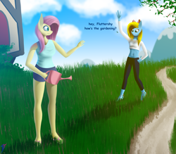 Size: 4000x3500 | Tagged: safe, artist:darky_wings, imported from derpibooru, fluttershy, oc, oc:cuteamena, anthro, plantigrade anthro, comic:troubles of being breezie, belly button, bow, clothes, comic, commission, feet, garden, gardening, grass, humanized, midriff, nail polish, sandals, text, toenail polish, unaware, walking, watering can, wave