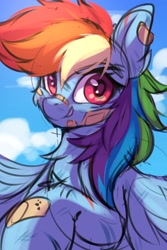 Size: 2000x3000 | Tagged: safe, artist:ask-colorsound, imported from derpibooru, rainbow dash, pegasus, pony, bandaid, bandaid on nose, cloud, cute, dashabetes, female, injured, mare, scratches, sky, smiling, smirk, solo